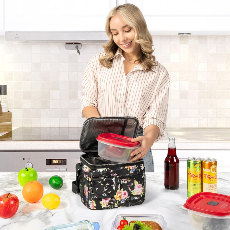 opux Insulated Lunch Bag for Men Women, Leakproof Floral Black Lunch Box for Work, Portable Soft Lunch Cooler Bag with Shoulder Strap, Adult Lunchbox Lunch Pail for Kid Boy Girl School, 14 Can/8L - Image 5